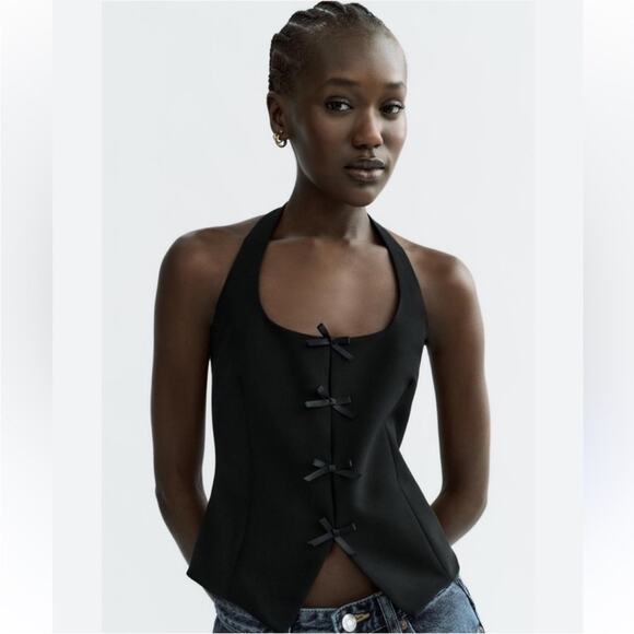 Zara Black Sleeveless Bow Front Cut Out Halter Tank Top XL - Picture 2 of 9